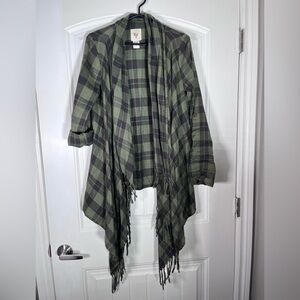 Billabong green and black plaid distressed cardigan with fringe